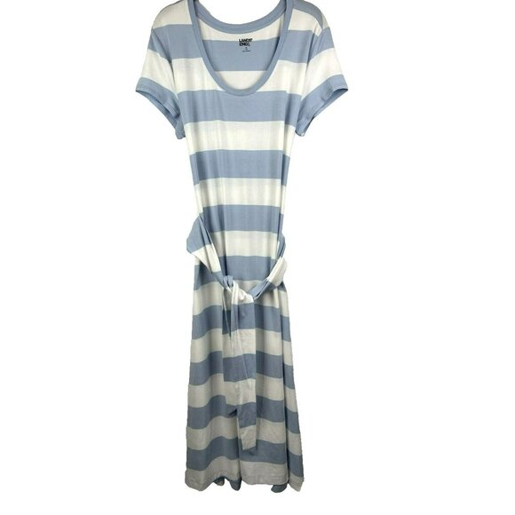 Lands End Women's‎ Maxi Dress M Blue White Stripe Wrap Belt Soft Stretch Beach - Picture 8 of 9